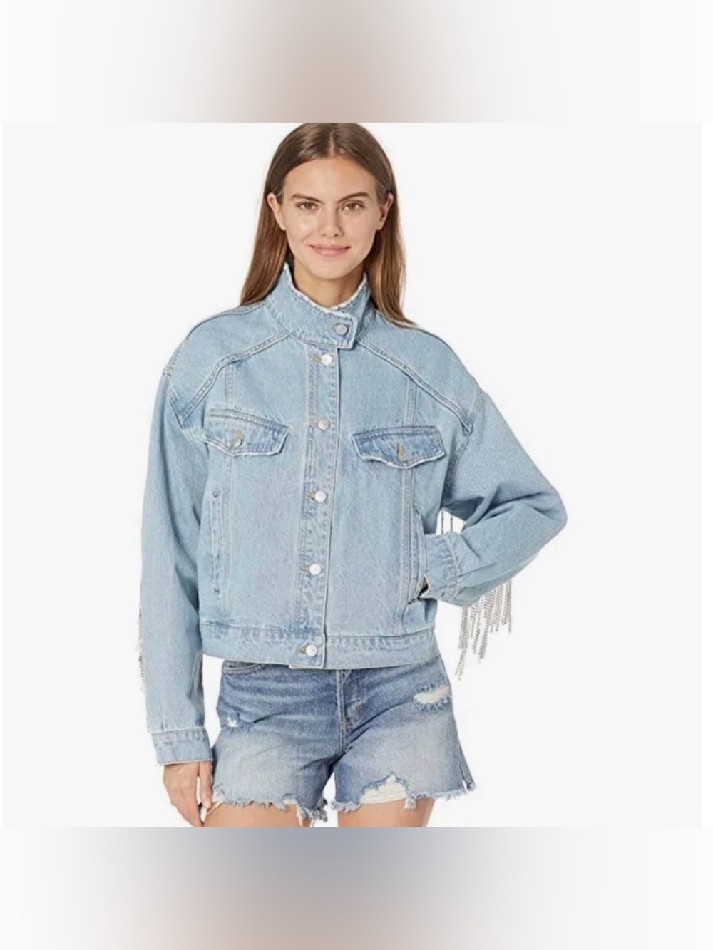 FREE PEOPLE Rhinestone Fringe COMET Denim Bomber Jacket - Picture 8 of 16